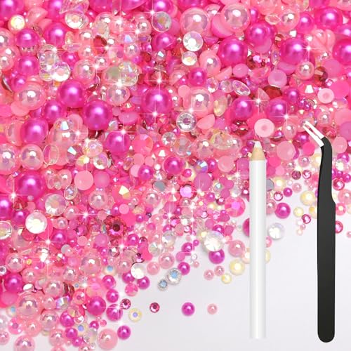 Bouiexye 80g Mix Halbperlen und Glitzersteine für Kunsthandwerk Rosa Strasssteine für Kleidung Basteln Gesicht Nagelkunst Flaschen Becher Schuhe Geschenke DIY Schillernd (2–10 mm) von Bouiexye