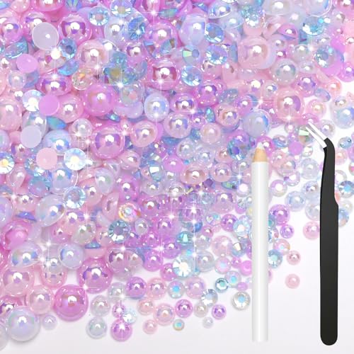 Bouiexye 80g Mix Halbperlen und Glitzersteine für Kunsthandwerk Rosa Violett Strasssteine für Kleidung Basteln Gesicht Nagelkunst Flaschen Becher Schuhe Geschenke DIY Schillernd (2–10 mm) von Bouiexye