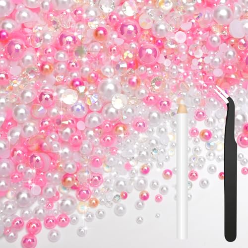 Bouiexye 80g Mix Halbperlen und Glitzersteine für Kunsthandwerk Rosa Weiß Strasssteine für Kleidung Basteln Gesicht Nagelkunst Flaschen Becher Schuhe Geschenke DIY Schillernd (2–10 mm) von Bouiexye