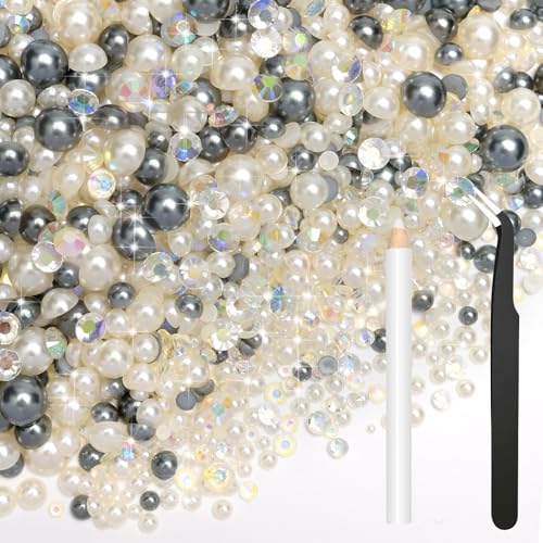 Bouiexye 80g Mix Halbperlen und Glitzersteine für Kunsthandwerk Silber Grau Strasssteine für Kleidung Basteln Gesicht Nagelkunst Flaschen Becher Schuhe Geschenke DIY Schillernd (2–10 mm) von Bouiexye