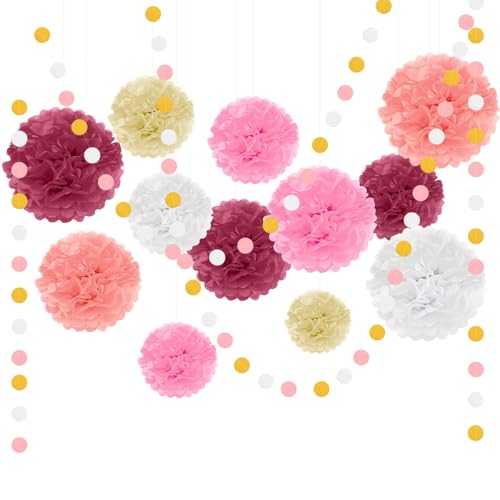 Bouiexye Pompons Deko 27 Stück Party Deko Geburtstagsdeko Girlande Geeignet für Hochzeiten Babypartys Geburtstage (Rosa Rose) von Bouiexye