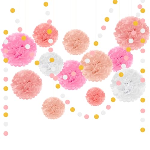 Bouiexye Pompons Deko 27 Stück Party Deko Geburtstagsdeko Girlande Geeignet für Hochzeiten Babypartys Geburtstage (Rosa Serie) von Bouiexye