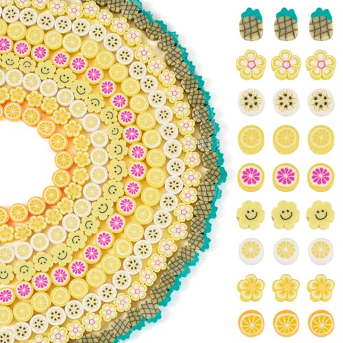 Boutigem 10 Stränge Modelliermasse-Perlenstränge, 10 Stile, Blume, Banane, Zitrone, Gelb, Fruchtscheiben, Tonperlen für Frühling, Sommer, Schmuckherstellung von Boutigem