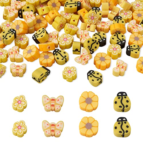 Boutigem 100 Stück Blumen Insekten geformte Tonperlen gelbe Schmetterlinge Blume Marienkäfer Perlen für Schmuckherstellung DIY Handwerk von Boutigem
