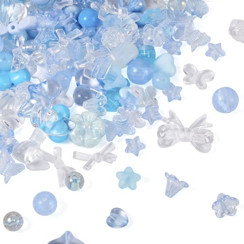Boutigem 100 g blaue Acryl-Perlen mit Herz-, Schmetterlings-, Bär-, Stern-, Schleife, Kunststoffperlen für Valentinstag, Schmuckherstellung, Basteln, Basteln, Helles Himmelblau von Boutigem