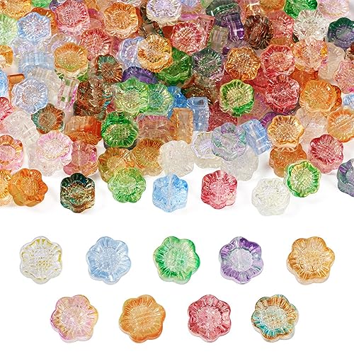 Boutigem 135 Stück Sonnenblumen-Glasperlen: Transparente Lampwork-Blumen, 5-Petal, bunte Hibiskusperlen für Schmuckherstellung, Armbänder, Großpackung von Boutigem