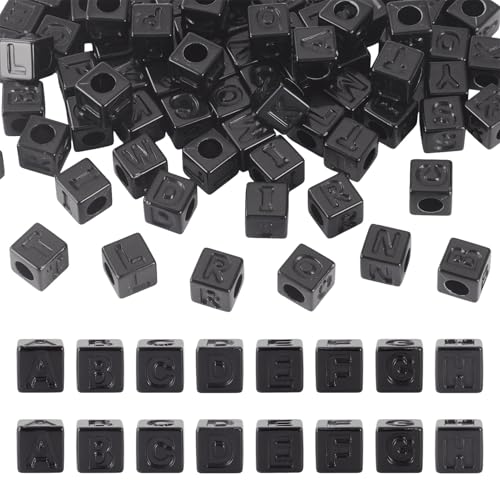 Boutigem 150 Stück 12 mm große Würfelbuchstaben Acrylperlen, blickdicht, schwarz, quadratisch, Großbuchstabe A-Z, Alphabet mit großem Loch, Perlen für Bastelarbeiten, Schlüsselanhänger, zum Aufhängen von Boutigem