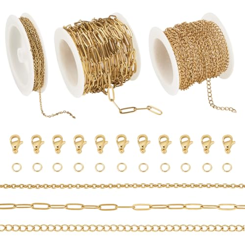 Boutigem 3 Rollen 12 m goldene Edelstahl-Kabelketten, Armband- und Halsketten-Bastelset, Metall-Büroklammerkette, ovale Glieder-Panzerketten für DIY-Schmuckherstellung von Boutigem