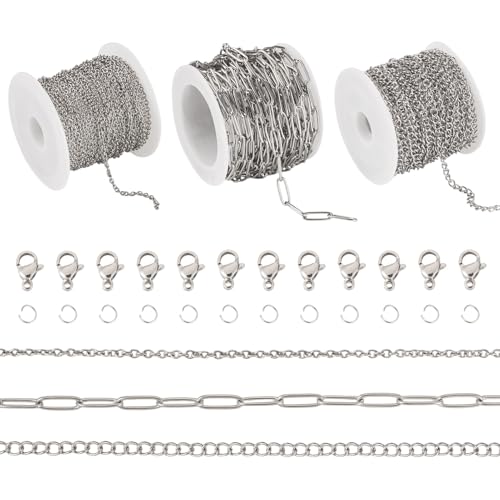 Boutigem 3 Rollen 15 m Edelstahl-Kabelketten, Armband- und Halskettenherstellungs-Set, gedrehte Metallkabelkette, ovale Gliederketten für Schmuckherstellung von Boutigem