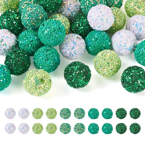 Boutigem 30 Stück grüne glitzernde Pailletten-Harz-Focal-Perlen, 20 mm, rund, glitzernd, Kaugummi-Kugelperlen für St. Patrick's Day, Perlenarbeiten, Basteln, Schmuckherstellung, Dekoration von Boutigem
