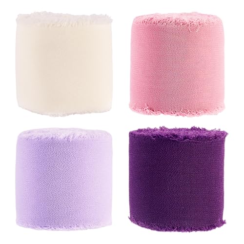 Boutigem 4 Rollen ausgefranstes Polyesterband, 3,8 cm x 7 m, Seidensatinband, violette Chiffonbänder für Hochzeitseinladungen, Blumensträuße, Verpackung von Boutigem