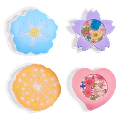 Boutigem 4 x Blumen-Untersetzer-Silikonformen für Epoxidharz, Liebesherz, Löwenzahn, Lotus-, Kirschblüten-Untersetzer, Harzformen, Blumen-Tassenmatte, Gießform für Heimdekoration, Bastelbedarf von Boutigem
