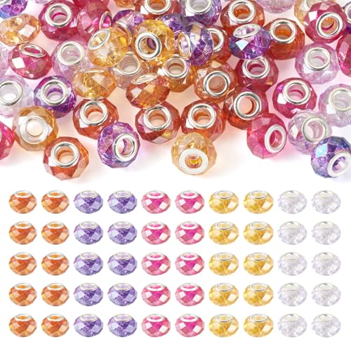 Boutigem 50 Stück facettierte Rondelle-Glasperlen, transparent, europäische Perlen, 14 x 9 mm, AB-farbig beschichtet, großes Loch, lose Abstandshalter, für DIY-Armbänder, Ohrringe, 50 Stück von Boutigem