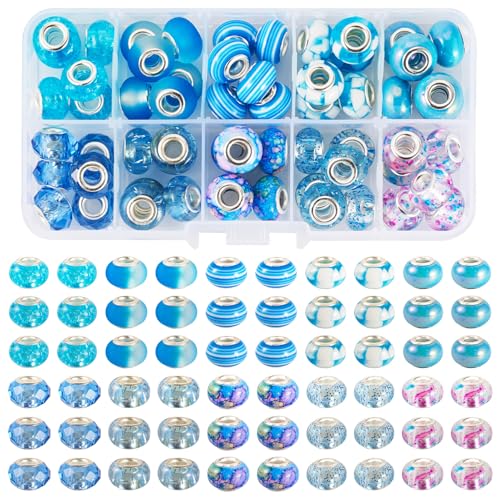 Boutigem 60 Stück blaue Perlen mit großem Loch, Kunstharz, europäische Perlen, transparente und undurchsichtige Acryl-Rondell-Abstandshalter, Großpackung für DIY-Armbänder, Ohrringe von Boutigem
