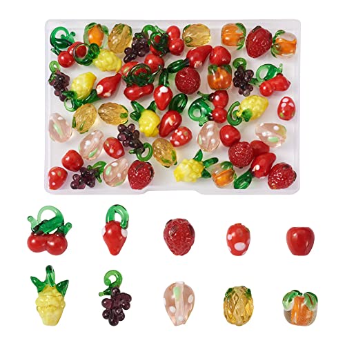 Boutigem 60 Stück handgefertigte Lampwork-Fruchtperlen, roter Apfel, Kaki, Ananas, 3D-Erdbeere, Trauben, Kirsche, Glasperlen für Schmuckherstellung von Boutigem