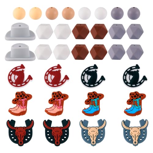 Boutigem 66-teiliges Cowboy-Silikonperlen-Set, Rinderkopf, Hufeisen, Stiefel, Cowboyhut, Silikonperlen, sechseckig, runde Gummiperlen für Schmuckherstellung Boutigem 66-teiliges Cowboy-Silikonperlen-Set, Rinderkopf, Hufeisen, Stiefel, Cowboyhut, Silikonperlen, sechseckig, runde Gummiperlen für Schmuckherstellung von Boutigem