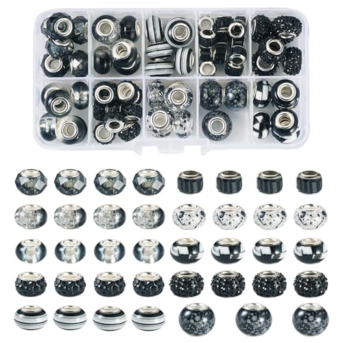 Boutigem 67-teiliges schwarzes großes Loch, europäisches Perlen-Set, transparente und undurchsichtige Rondelle, lose Abstandshalter, Großpackung für Armbänder, Ohrringe, Schmuckherstellung, DIY von Boutigem