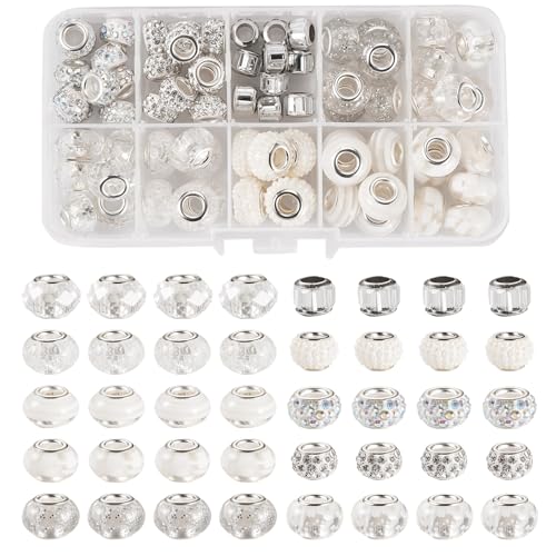 Boutigem 72 Stück weiße europäische Perlen mit großem Loch, transparente und undurchsichtige Rondelle, lose Abstandshalter, Großpackung für Armbänder, Ohrringe, Schmuckherstellung, DIY Handwerk von Boutigem