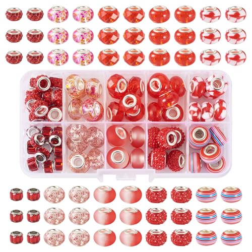 Boutigem 72-teiliges rotes europäisches Perlen-Set mit großem Loch, transparente und undurchsichtige Rondelle, lose Abstandshalter, Großpackung für Armbänder, Ohrringe, Schmuckherstellung, DIY von Boutigem