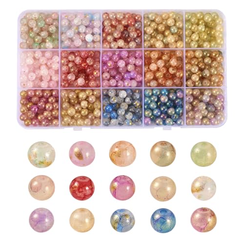 Boutigem 750 Stück lackierte Craquelé-Glasperlen, Stränge, Kristall, runde Perlen, bunt, zum Basteln, lose Perlen mit Goldpulver für Schmuckherstellung von Boutigem