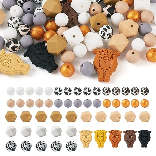 Boutigem 75Pcs Kuh Silikon Perlen Leopard Print Runde Perlen Solide Runde Achteck Rinder Kopf Silikon Perlen für Schmuckherstellung DIY Handwerk, SIL-TA0001-34-BG-EU von Boutigem