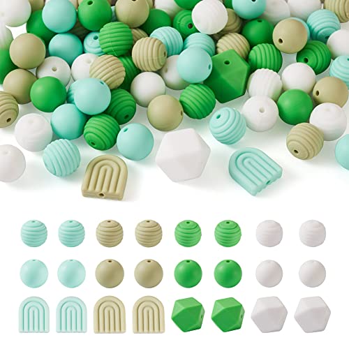 Boutigem 88Pcs Green Silicone Beads Rainbow Hexagon Spiral Round Rubber Beads Silicone Loose Beads Bulk for DIY Crafts Keychain Jewelry Making, Grün, 12 Stile von Boutigem