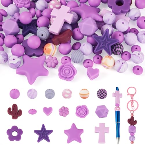 Boutigem 92 Stück Silikonperlen rund Stern Rose Kreuz Herz lose Perlen für Schmuckherstellung DIY Halskette Armband Ohrring Schlüsselanhänger Heimdekoration Blau Violett Boutigem 92 Stück Silikonperlen rund Stern Rose Kreuz Herz lose Perlen für Schmuckherstellung DIY Halskette Armband Ohrring Schlüsselanhänger Heimdekoration Blau Violett von Boutigem