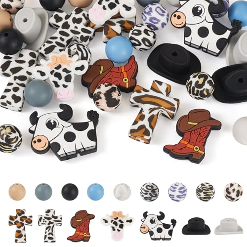 Boutigem Cowboy-Silikonperlen, Westernkuh, Rinderkopf, Cowboyhut, Stiefel, Kreuz, Gummifiguren, bunt, Leopardenmuster, runde Silikonperlen für Schlüsselanhänger, Armband, Schmuckherstellung, 32 Stück von Boutigem