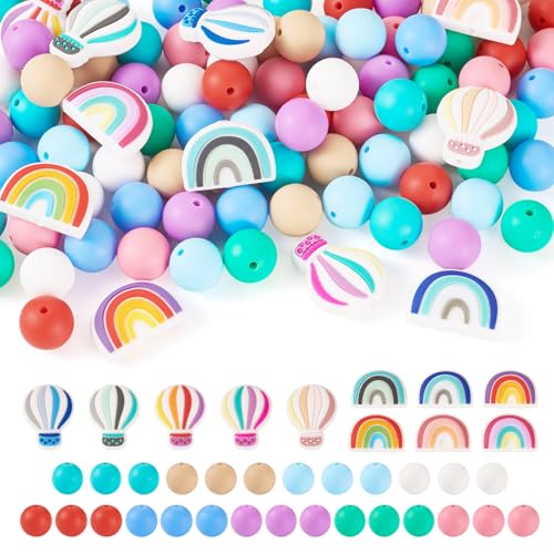 Boutigem Heißluftballon-Silikonperlen, Regenbogen-Gummi-Fokal-Perlen, 15 mm, runde Silikonperlen für Schlüsselanhängerherstellung, niedliche Reise-Themen-Charakter-Perlen für Bastelarbeiten von Boutigem