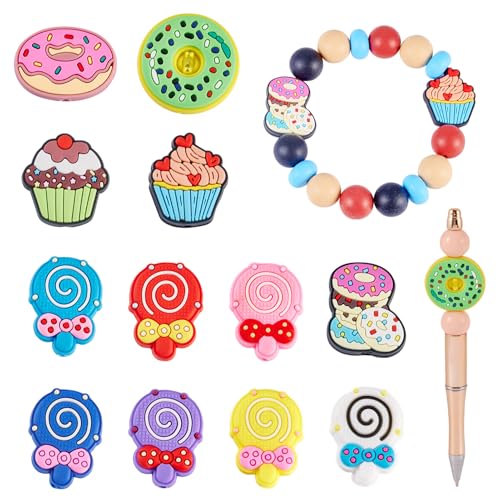Boutigem Perlen mit Lebensmittelmotiven, PVC-Kunststoff, Donut-Uhr, Cupcakes, Lutscher, lose Perlen für Schmuckherstellung, Armband, Halskette, Ohrringe, Stift, 12 Stück von Boutigem