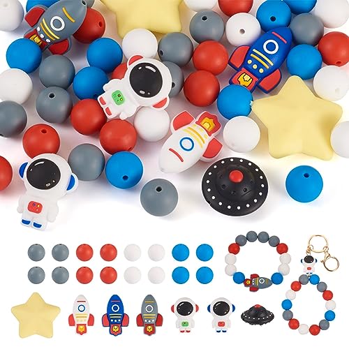 Boutigem Silikonperlen in verschiedenen Farben, rund, Stern, Raumfahrer, Rakete, fliegende Untertasse, DIY-Schmuckperlen, 48 Stück von Boutigem