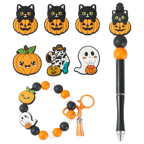 Boutigem Silikonperlen mit Halloween-Thema, 6 Stile, Kürbis-Geister-Katzen-Perlen, Basteldekoration, Party, Zuhause, Halloween-Dekoration für Perlenstift, Schlüsselanhänger, Armband, Halskette von Boutigem