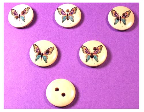 6 Holzknöpfe: rund, Motiv Schmetterling, 15 mm (08) von Boutique d'isacrea
