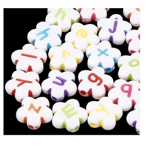 Acrylperlen: 100 weiße Blumen mit farbigen Buchstaben, 11 mm Acrylperlen: 100 weiße Blumen mit farbigen Buchstaben, 11 mm von Boutique d'isacrea