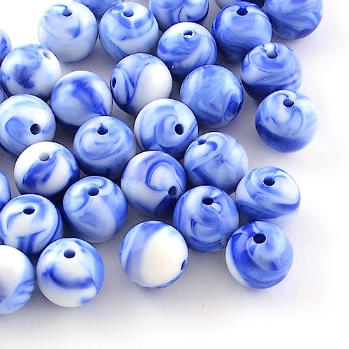 Acrylperlen: rund, marmoriert, blau/weiß, 9,5 mm, 50 Stück von Boutique d'isacrea