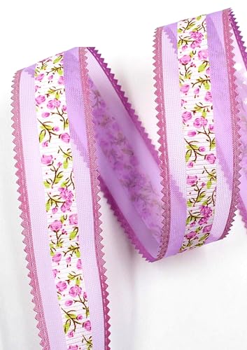 Schleifenband, Polyester, violett, Blumenmotiv, Breite 32 mm, Länge 100 cm (01) von Boutique d'isacrea