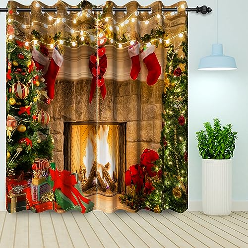 Bovlleetd Weihnachten Kamin Fenster Vorhänge Xmas Baum Rot Weihnachten Socken Silvester Party Vorhang Baby Schlafzimmer Verdunkelung Fenster Vorhänge 2 Stück 117x229cm von Bovlleetd