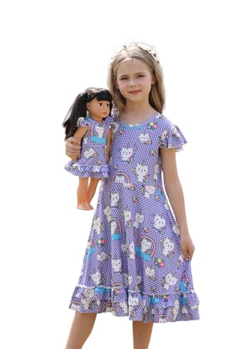 Bow Dream Mädchen Kleid Rosa Herz Einhorn mit passendem American Girl Puppe Kleidung Zubehör, Flieder Katzen, 5-6 Jahre von Bow Dream