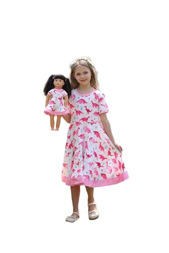 Bow Dream Mädchen Kleid Rosa Herz Einhorn mit passendem American Girl Puppe Kleidung Zubehör, Rosa, Dinosaurier, 4-5 Jahre von Bow Dream