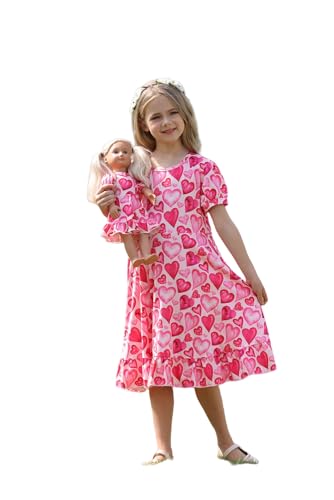 Bow Dream Mädchen Kleid Rosa Herz Einhorn mit passendem American Girl Puppe Kleidung Zubehör, Rosa Herz bedruckt, 5-6 Jahre von Bow Dream