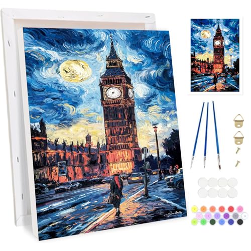 BOWETILE Big Ben Malen nach Zahlen für Erwachsene mit Rahmen, Landschaften Malen nach Zahlen für Anfänger Leinwand Kit,Gemäide Bastelset auf Leinwand mit Pinseln und Acrylpigment für Home Decor20x30cm von Bowetile