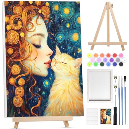 BOWETILE Elegante Frau und Katze Malen nach Zahlen für Erwachsene mit Rahmen, Tiere Malen nach Zahlen mit Holzstaffelei für Anfänger Leinwand Kit, DIY Acryl-Pigment Malvorlage für Home Décor, 30x40 cm von Bowetile