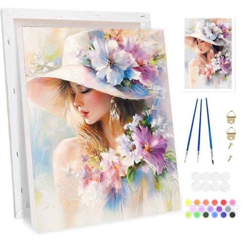 BOWETILE GeiBlume und Mädchen Malen nach Zahlen für Erwachsene mit Rahmen, Malen nach Zahlen Set für Anfänger Leinwand Kit,Gemäide Bastelset auf Leinwand mit Pinseln und Acrylpigment Home Decor20x30cm von Bowetile