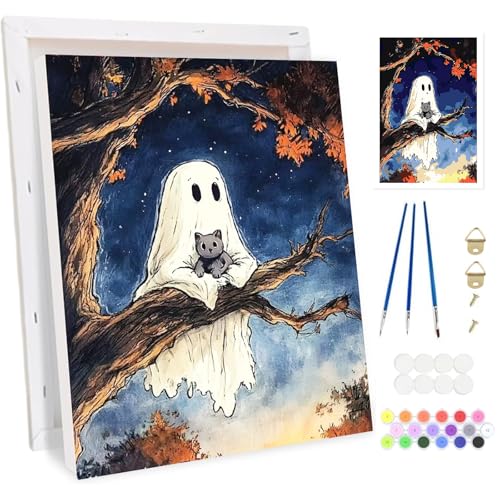 BOWETILE Halloween Geist und Katze Malen nach Zahlen für Erwachsene mit Rahmen,Malen nach Zahlen Set für Anfänger Leinwand Kit,Gemäide Bastelset auf Leinwand mit Pinseln Acrylpigment Home Decor20x30cm von Bowetile