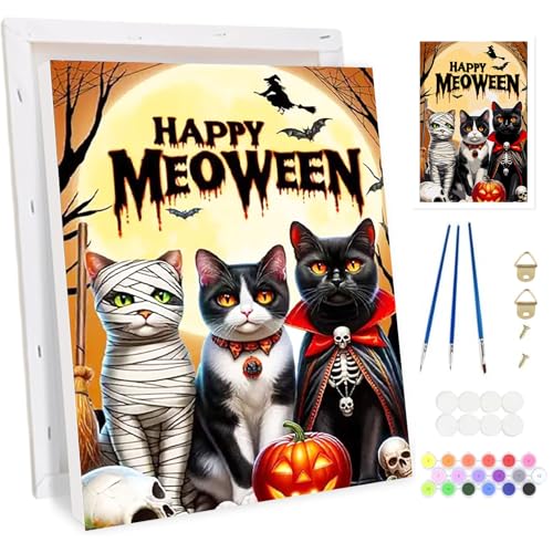 BOWETILE Halloween Katze Malen nach Zahlen für Erwachsene mit Rahmen,Tiere Malen nach Zahlen Set für Anfänger Leinwand Kit,Gemäide Bastelset auf Leinwand mit Pinseln und Acrylpigment Home Decor20x30cm von Bowetile