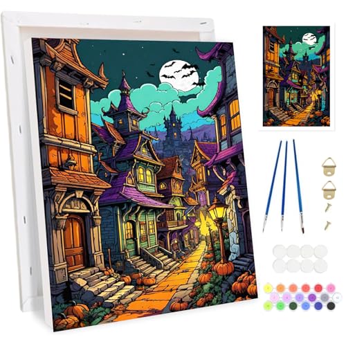 BOWETILE Halloween Stadt Malen nach Zahlen für Erwachsene mit Rahmen, Malen nach Zahlen Set für Anfänger Leinwand Kit,Gemäide Bastelset auf Leinwand mit Pinseln und Acrylpigment für Home Decor 20x30cm BOWETILE Halloween Stadt Malen nach Zahlen für Erwachsene mit Rahmen, Malen nach Zahlen Set für Anfänger Leinwand Kit,Gemäide Bastelset auf Leinwand mit Pinseln und Acrylpigment für Home Decor 20x30cm von Bowetile