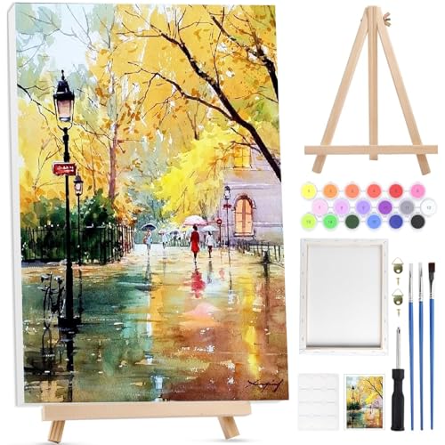 BOWETILE Herbstlandschaft Malen nach Zahlen für Erwachsene mit Rahmen, Landschaften Malen nach Zahlen mit Holzstaffelei für Anfänger Leinwand Kit, DIY Acryl-Pigment Malvorlage für Home Décor, 20x30 cm von Bowetile