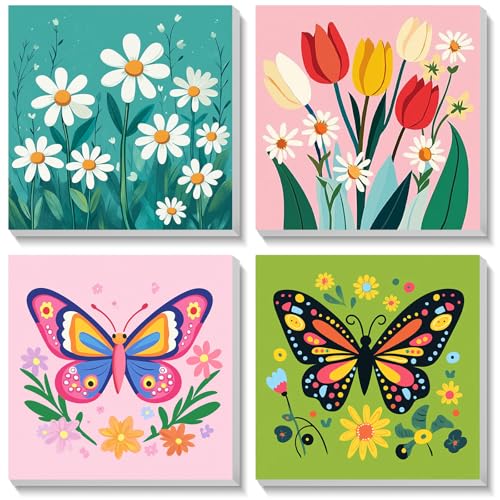 Bowetile 4 Stück Blume Malen Nach Zahlen Kinder ab Adults Jahre Mädchen mit Rahmen, Malen Nach Zahlen Kinder, Diy Gemäide Bastelset auf Leinwand mit Pinseln und Acrylpigment für Home Décor, 20x20cm von Bowetile