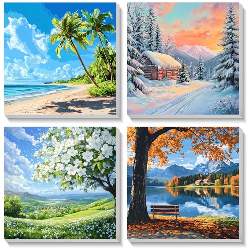 Bowetile 4 Stück Landschaft Malen Nach Zahlen Kinder mit Rahmen, Malen Nach Zahlen Kinder mit Rahmen ab 4-12, DIY Gemäide Bastelset auf Leinwand mit Pinseln und Acrylpigment für Home Décor 20x20cm von Bowetile