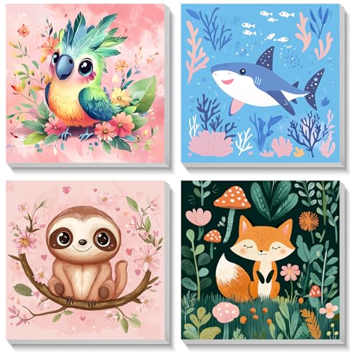 Bowetile 4 Stück Tiere Malen Nach Zahlen Kinder mit Rahmen, Malen Nach Zahlen Kinder mit Rahmen ab 4-8-12+, DIY Gemäide Bastelset auf Leinwand mit Pinseln und Acrylpigment für Home Décor，20x20 cm von Bowetile